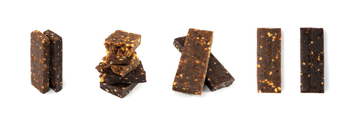 Cocoa Chia Paleo Bar, Energy Snack with Nuts Isolated. Muesli Snack, Protein Candy, Fitness Fruit and Nut Mix