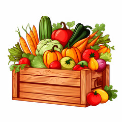 Wooden box with autumn vegetables: carrots, peppers, cabbage, zucchini on a white background. Harvest concept.