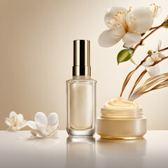 perfume bottle and face cream with flowers	