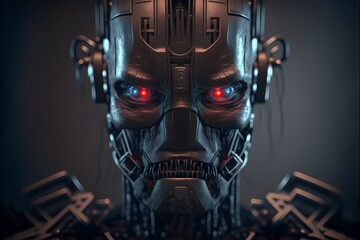 headshot of humanlike robot angry expression dark backdrop dramatic lighting stylized 