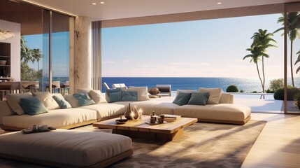 Fototapeta premium Design a luxurious oceanfront living room with floor-to-ceiling windows, a plush sofa, and breathtaking views of the waves crashing on the shore.