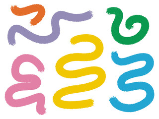 Colourful wavy bold lines, brush strokes, hand drawn set. Isolated on white. Vector scribbles and doodles. 