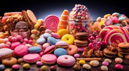 Fototapeta na wymiar delicious sweets on abstract background, colored chocolates and sweets on the table, colorful sweets wallpaper, sweets banner