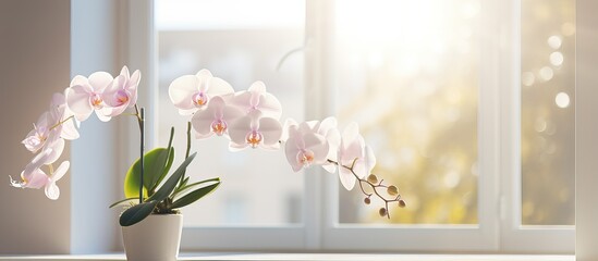 Blooming white orchid on windowsill