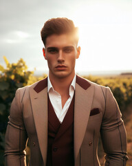 Male model with vineyards in the background