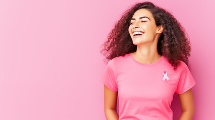 Young smiling woman with pink ribbon on her chest on t-shirt on pink background. Symbol fight against breast cancer. Concept of care, support for women and fight against breast cancer. Copy space