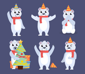 polar christmas bears. cartoon white bears in winter christmas clothes, gifts, holiday characters collection animals. vector cartoon characters set.
