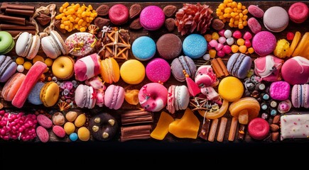Fototapeta na wymiar delicious sweets on abstract background, colored chocolates and sweets on the table, colorful sweets wallpaper, sweets banner