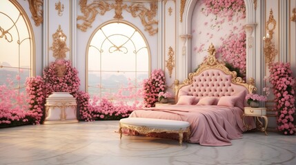 Design a princess-themed luxury bedroom for girls with a 3D background view of a majestic palace garden, complete with elegant fountains and blooming roses.