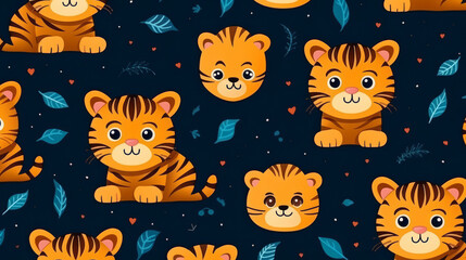Fototapeta premium Seamless pattern with cartoon tigers. Background wallpaper design concept