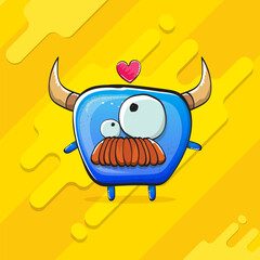 Vector cartoon funky blue monster with horn isolated on yellow background. Smiling silly blue monster print sticker design template. Ghost, troll, gremlin, goblin, devil and monster