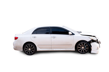 Obraz premium PNG Format of Side view white car get hard damaged by accident on the road. damaged cars after collision. isolated on transparent background, car crash bumper, broken car accident