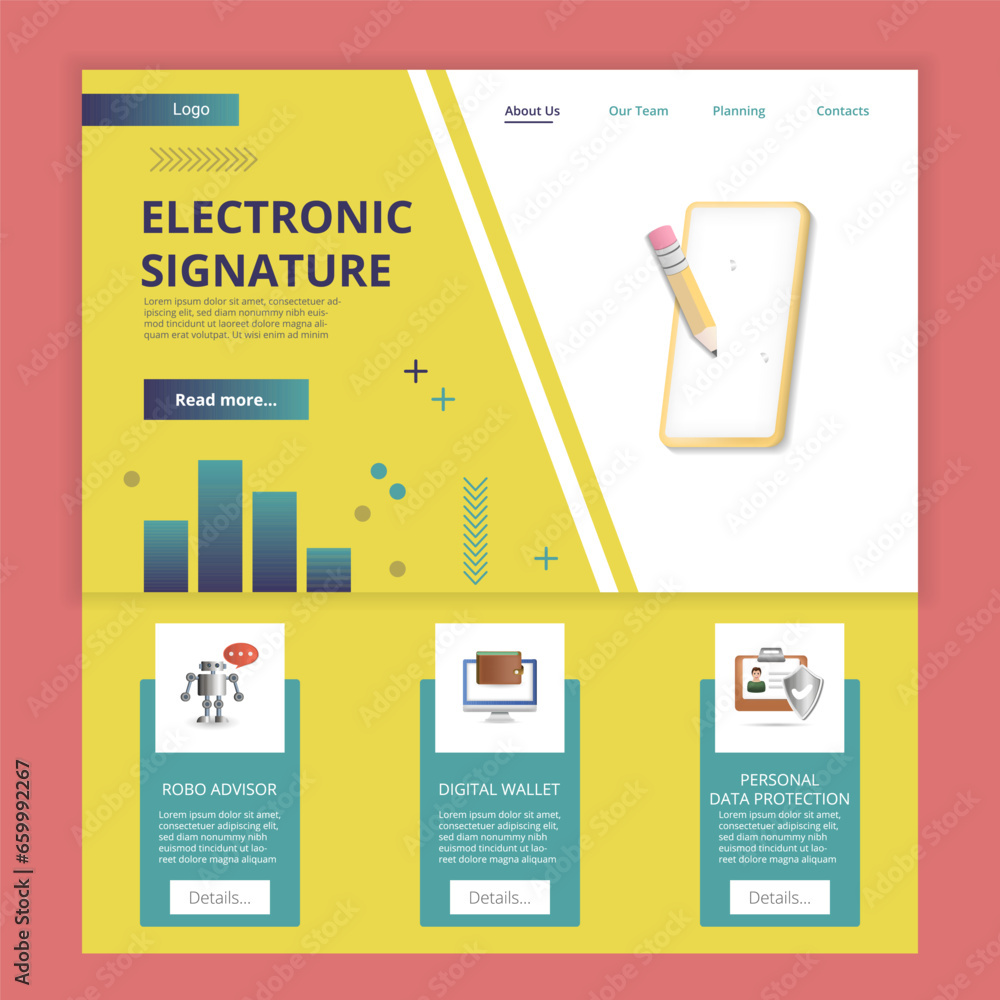 Poster electronic signature flat landing page website template. robo advisor, digital wallet, personal data