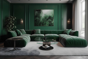 Interior of living room in green colors in modern house.