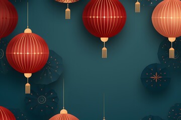 red chinese oriental lanterns on a blue background