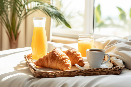 Wooden tray with  Breakfast on a bed on a sunny morning