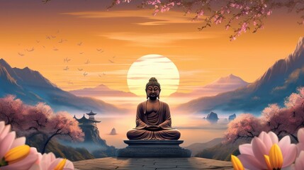 Buddha golden, Brass statue on a golden background. Meditation and zen concept. Banner. Copy space