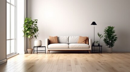 Modern mid century and minimalist interior of living.Generative AI - obrazy, fototapety, plakaty