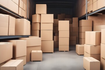 Cardboard box packages. Logistics and distribution service. Big retail warehouse full of shelves with goods.