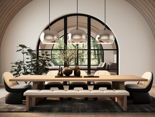 3D illustration of a modern concept dining room in black and white. The dining room has a large arched wall opening. There is a beautiful pendant light.