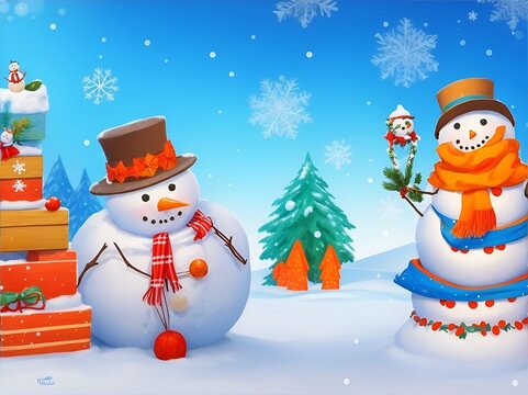 Snowman background design with falling snow