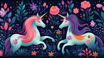 Obraz premium Seamless pattern with cartoon unicorns. Background wallpaper design concept