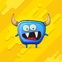 Fototapeta premium Vector cartoon funky blue monster with horn isolated on yellow background. Smiling silly blue monster print sticker design template. Ghost, troll, gremlin, goblin, devil and monster