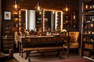 interior design of a room with golden mirror,A luxurious dressing table in an opulent makeup room, adorned with a gleaming mirror surrounded by Hollywood-style bulbs