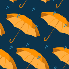 Seamless pattern with yellow umbrellas on a blue background. It's raining