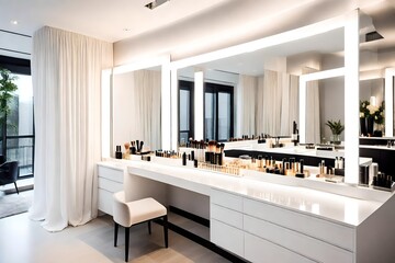 modern room interior, A luxurious dressing table in an opulent makeup room, adorned with a gleaming mirror surrounded by Hollywood-style bulbs