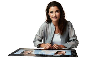 A Woman Participating in a Virtual Conference Isolated on Transparent Background PNG.