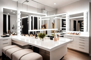 luxury dressing room with white color,A luxurious dressing table in an opulent makeup room, adorned with a gleaming mirror surrounded by Hollywood-style bulbs - obrazy, fototapety, plakaty