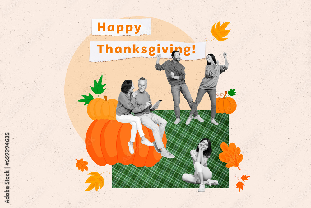 Poster collage image poster of cheerful people relatives having fun celebrating thanksgiving day isolated o