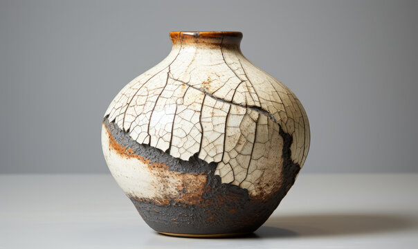 A small vase in the style of wabi sabi on a wooden table against a gray wall.