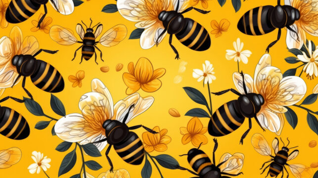 Seamless pattern with cartoon bees. Background wallpaper design concept