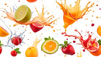 Fruit salad falls into splashing orange juice Isolated white background
