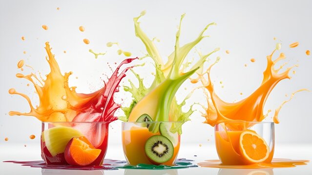 Fruit salad falls into splashing orange juice Isolated white background
