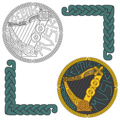 Golden Celtic harp on a black background.