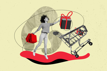 Banner collage image of charming cheerful girl preparing holiday choosing gift box isolated on...