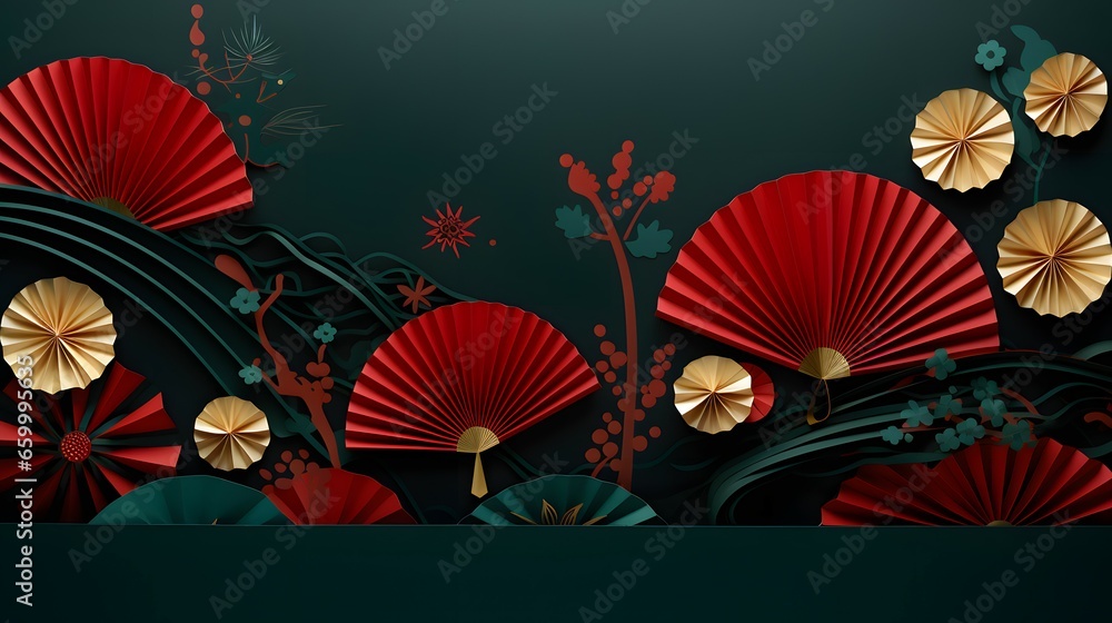 Wall mural oriental fan crafts on a green background