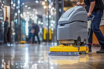 Close up of commercial cleaning machine in front of worker in modern business office. Cleanliness concept of cleaning and working. - obrazy, fototapety, plakaty