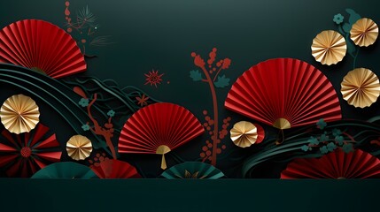 oriental fan crafts on a green background