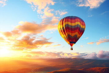 Obraz premium Golden Hour Ascent: Hot Air Balloon Soars Against the Sunset Sky, a Captivating Display of Tranquil Adventure
