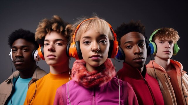 Group of people listening to music with headphones