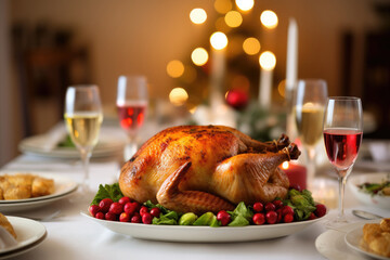 A delicious Thanksgiving dinner with a perfectly roasted turkey as the centerpiece, served on a festive table. - obrazy, fototapety, plakaty