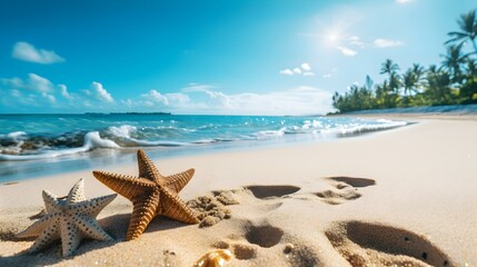 Fototapeta na wymiar Close up of a Starfish on a tropical Beach. Beautiful Vacation Background