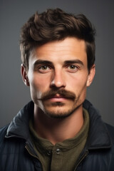 Obraz premium Close up portrait of young european man with moustache in support of men's health and movember global community, wear in casual