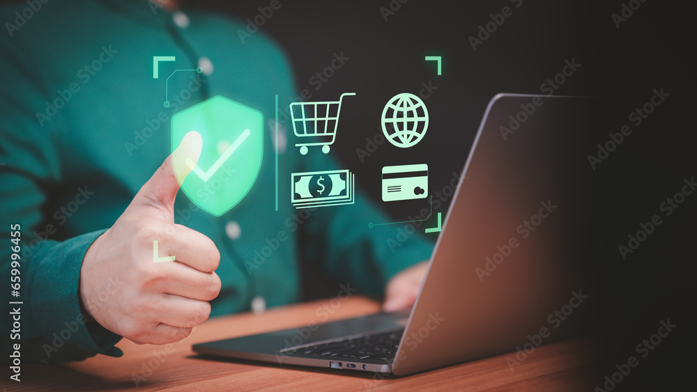 Leinwandbilder Customer use a computer laptop with sign of security protection system on virtual screen. Guarantee, Standard, Certified guarantee approval or secure access internet. Shopping on online application.