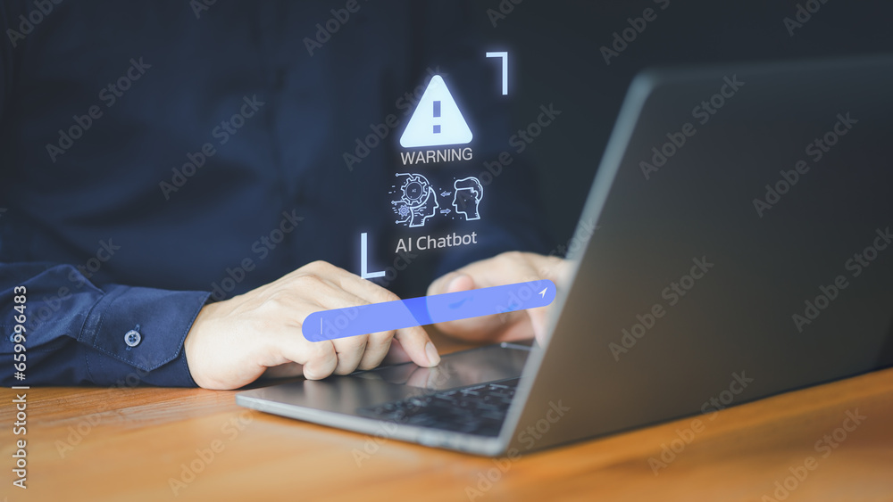 Poster Young man using a laptop chatting with a smart AI using an artificial intelligence chatbot with triangle caution warning sign for notification error concept. Chatbot with AI, Artificial Intelligence.