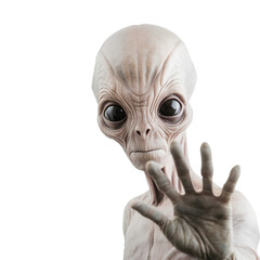 Alien waving hello to humans on transparent background PNG. Hello Earth concept.
